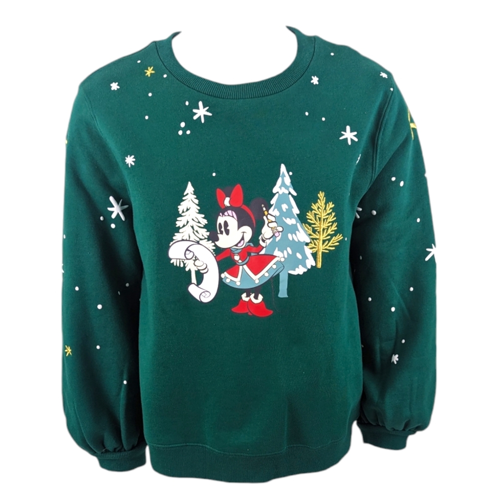 Disney Minnie Mouse Holiday Sweatshirt NEW Womens Green Pullover Christmas